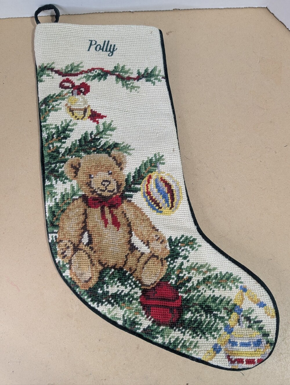 Lands End Needle Point Stocking "Polly" Green Christmas Teddy Bear Holiday